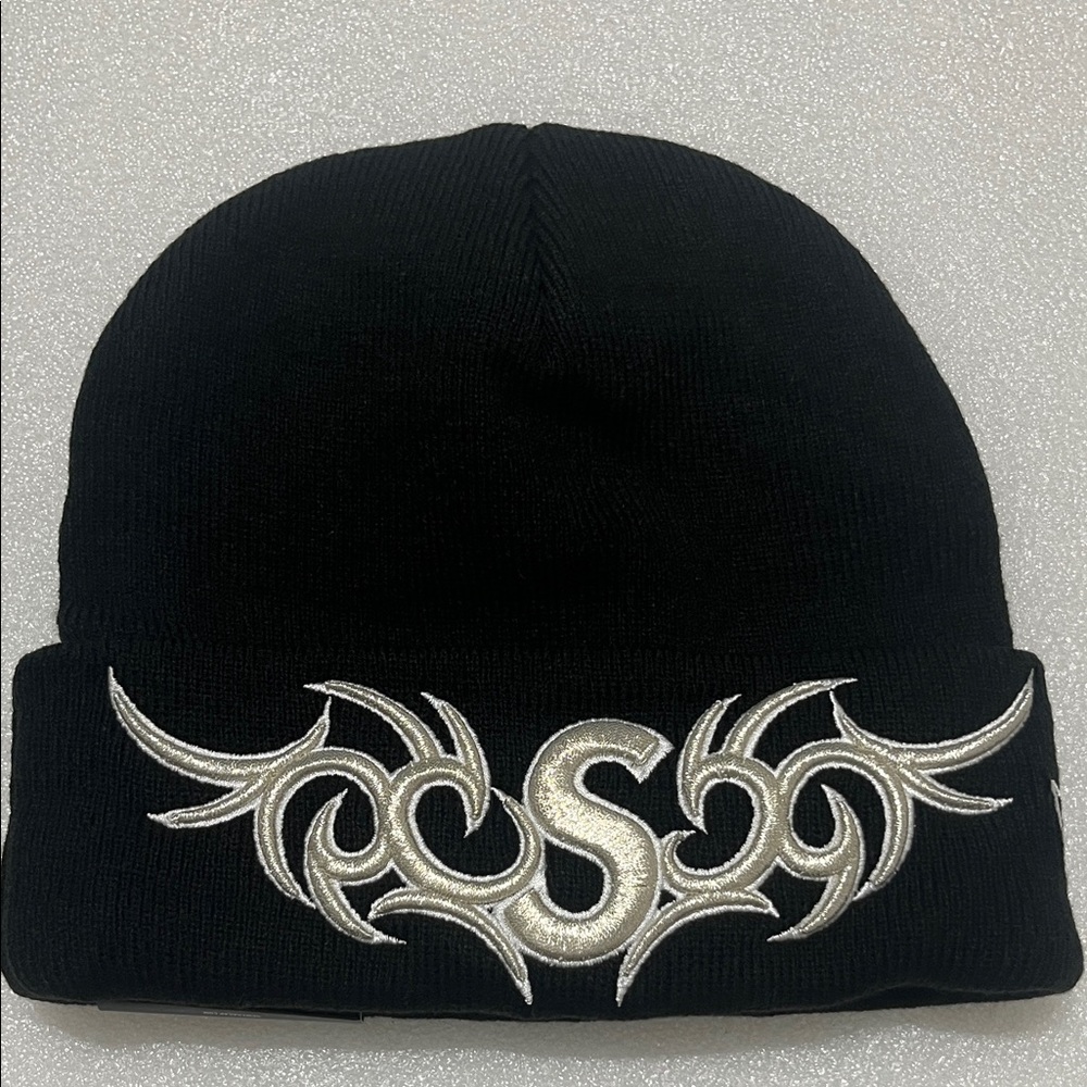 Supreme Black Beanie with Silver Tribal 'S' Embroidery